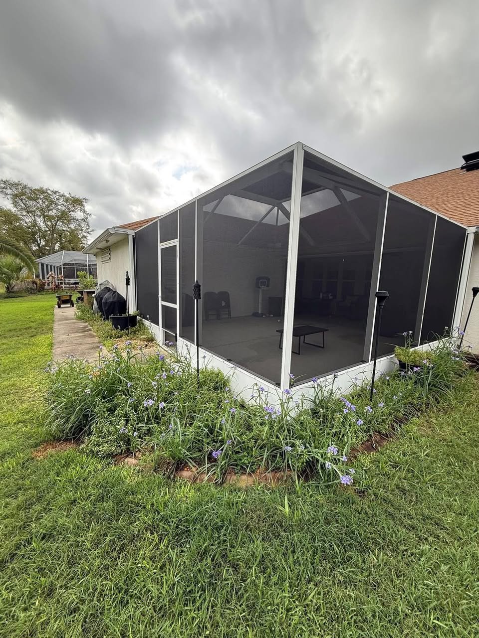 Before: overgrown garden bed with tall weeds around a screened lanai