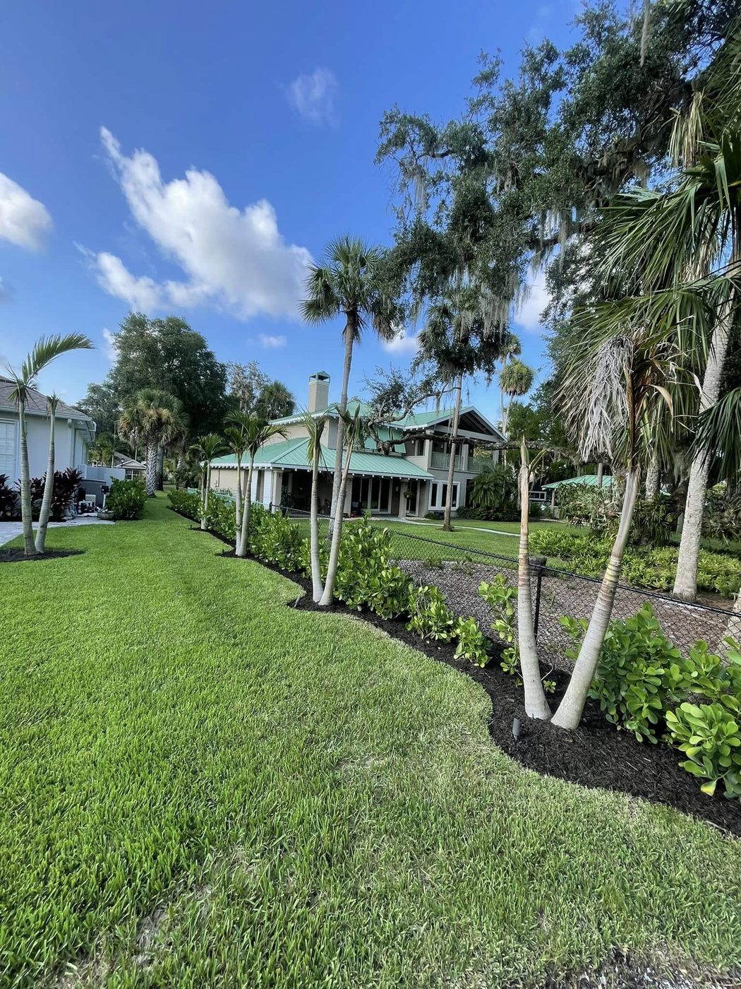 Lush, freshly manicured estate lawn with mulched palm bed in Port Orange, FL